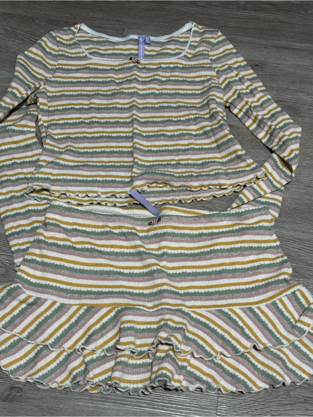 Girls' Striped Two-Piece Matching Set in Pastel Yellow & Green